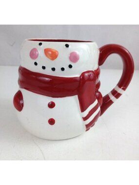 Earthenware Red & White Christmas Snowman Coffee Cup Mug 4.75" Tall